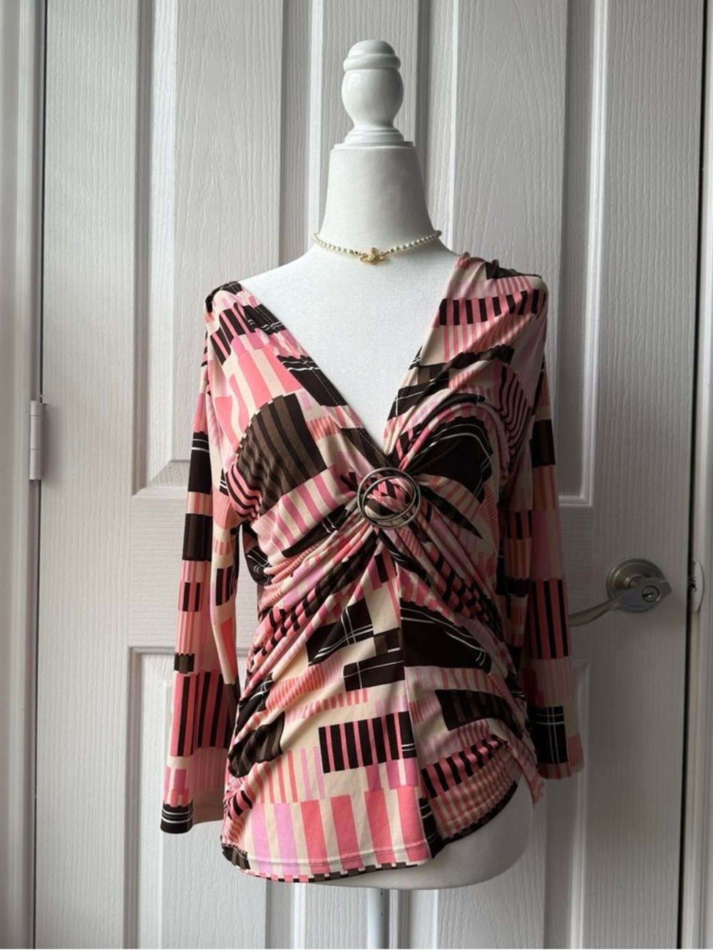AB Studio Pink and Brown Geometric Ring-Front Long Sleeve Top